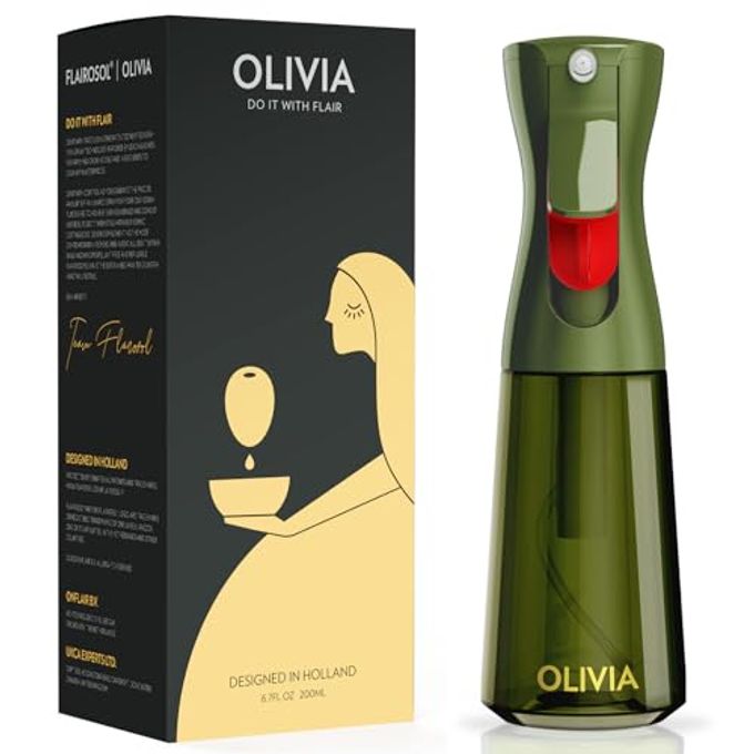OLIVIA OIL SPRAYER FOR COOKING 200ML GLASS OLIVE OIL SPRAYER CONTINUOUS COOKING SPRAY WITH PORTION CONTROL OIL DISPENSER FOR KITCHEN AIR FRYER SALAD BBQ GREEN BOTTLE GOLD PRINT