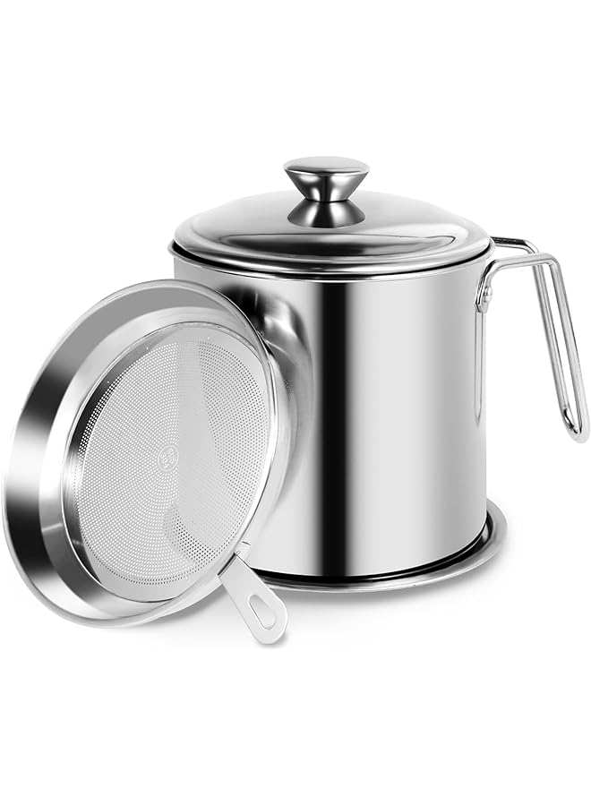 أم أن حاوية تخزين الزيت من الفولاذ المقاوم للصدأ مع مصفاة شبكية دقيقة وغطاء مقاوم للغبار مناسب لتخزين زيت القلي وشحوم الطبخ ومصفاة زيت الطبخ 1.3 لتر - Image 1