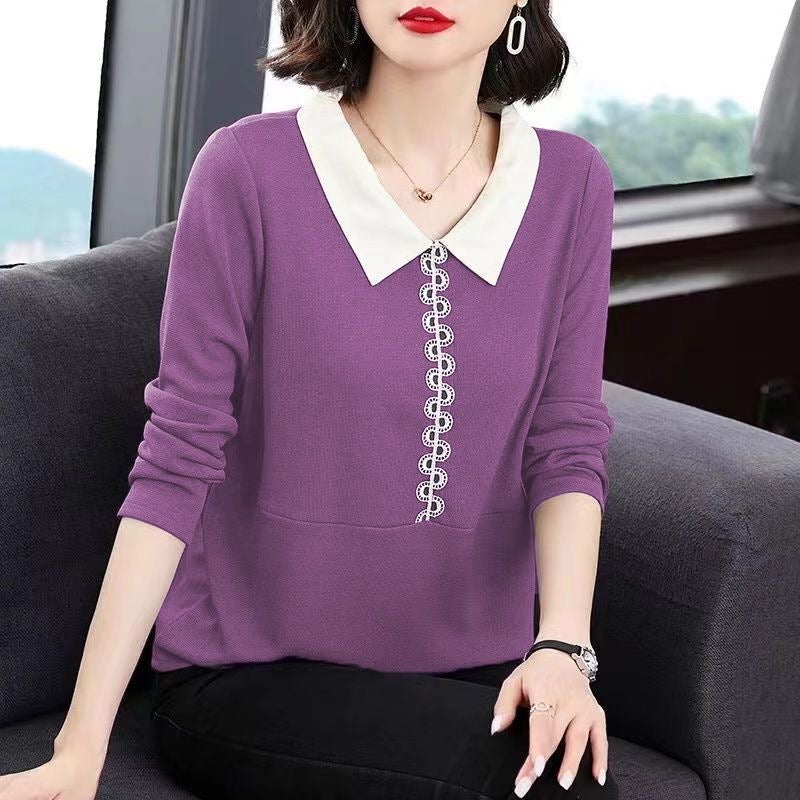 Doll Collar T-Shirt Women'S New Large Size Chubby Girls Middle-Aged Mom Autumn Long-Sleeved T-Shirt Western Style Top Base Shirt - Image 2