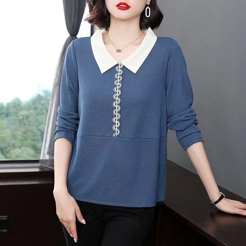 Doll Collar T-Shirt Women'S New Large Size Chubby Girls Middle-Aged Mom Autumn Long-Sleeved T-Shirt Western Style Top Base Shirt - Image 5