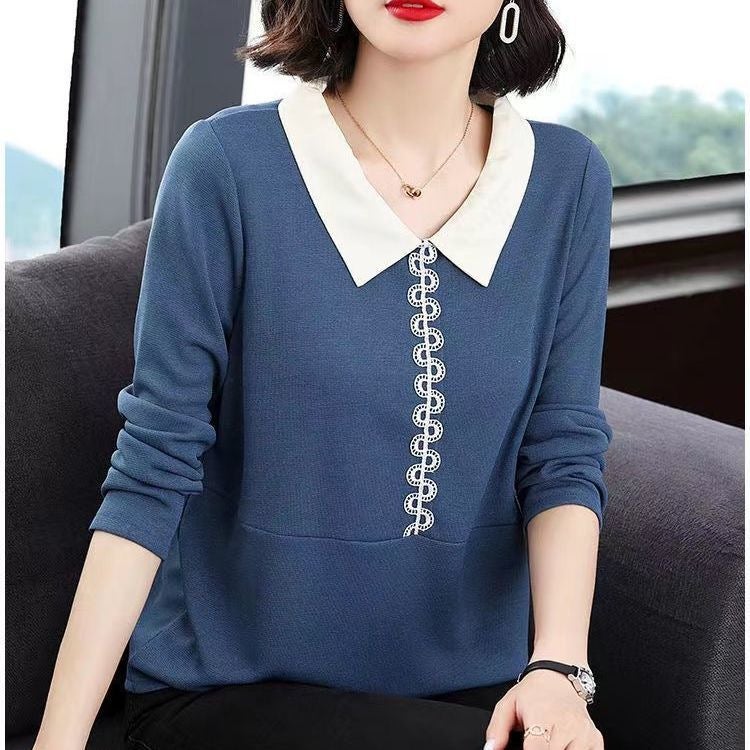 Doll Collar T-Shirt Women'S New Large Size Chubby Girls Middle-Aged Mom Autumn Long-Sleeved T-Shirt Western Style Top Base Shirt - Image 3