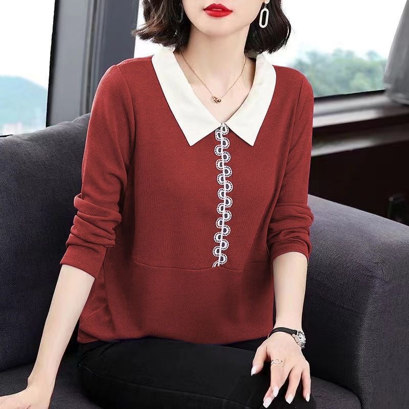 Doll Collar T-Shirt Women'S New Large Size Chubby Girls Middle-Aged Mom Autumn Long-Sleeved T-Shirt Western Style Top Base Shirt - Image 4