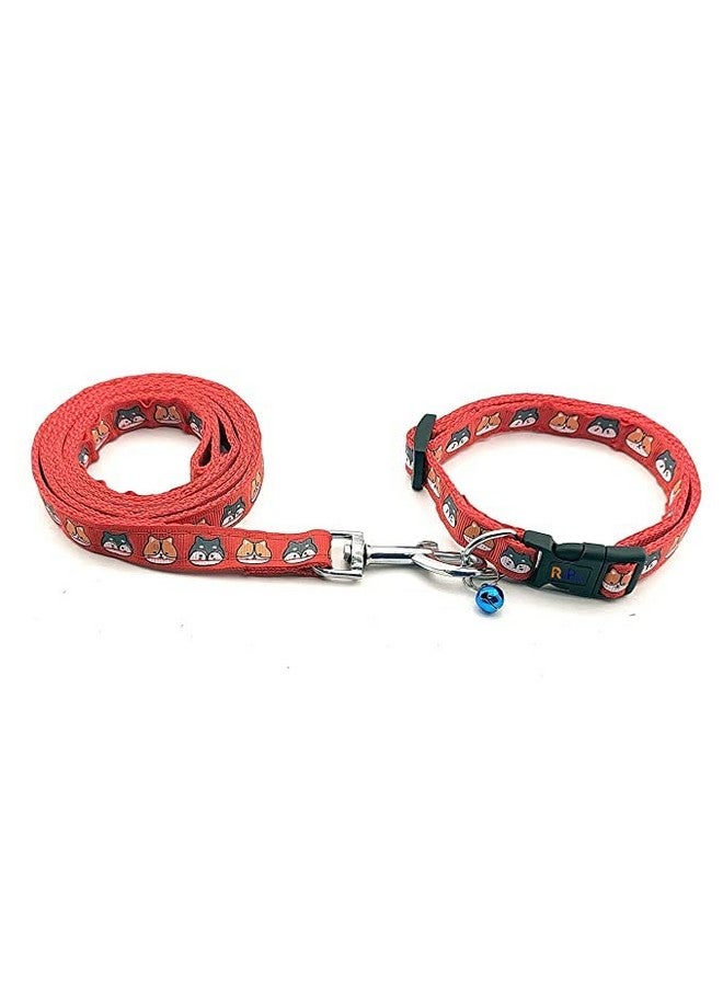 طقم طوق ومقود للحيوانات الأليفة مقاس 15 مم مطبوع - طوق نايلون قابل للتعديل مع جرس للكلاب الصغيرة والمتوسطة، طقم طوق ومقود سريع الفتح وجيد التهوية للجراء والكلاب والقطط (لون أحمر) - Image 2