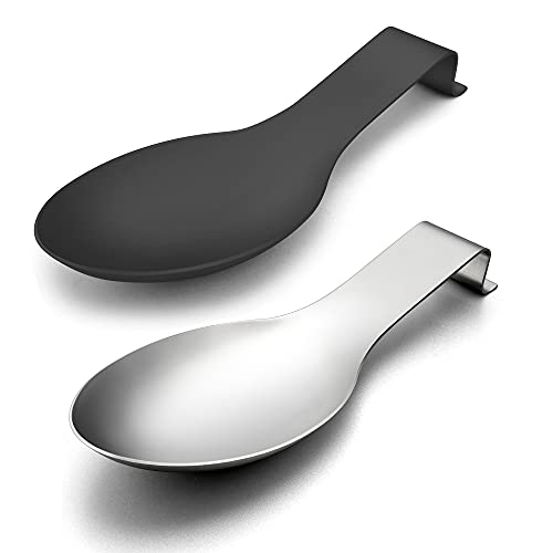 LIANYU Stainless Steel Spoon Rest Set of 2, Spatula Spoon Ladle Utensil Holder for Kitchen Counter Stove Top, Dishwasher Safe, Black, Silver - Image 1