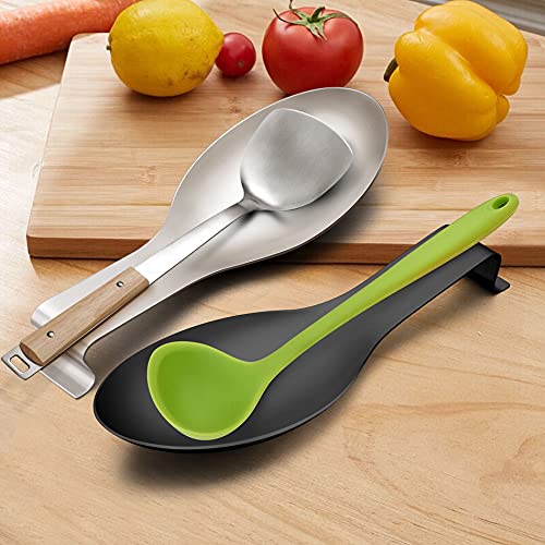 LIANYU Stainless Steel Spoon Rest Set of 2, Spatula Spoon Ladle Utensil Holder for Kitchen Counter Stove Top, Dishwasher Safe, Black, Silver - Image 4