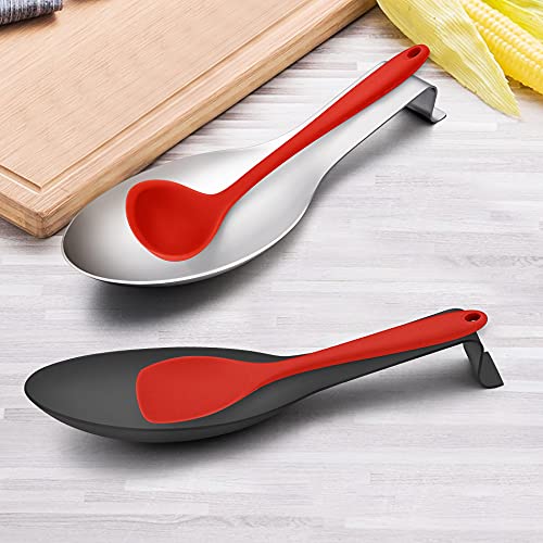 LIANYU Stainless Steel Spoon Rest Set of 2, Spatula Spoon Ladle Utensil Holder for Kitchen Counter Stove Top, Dishwasher Safe, Black, Silver - Image 5