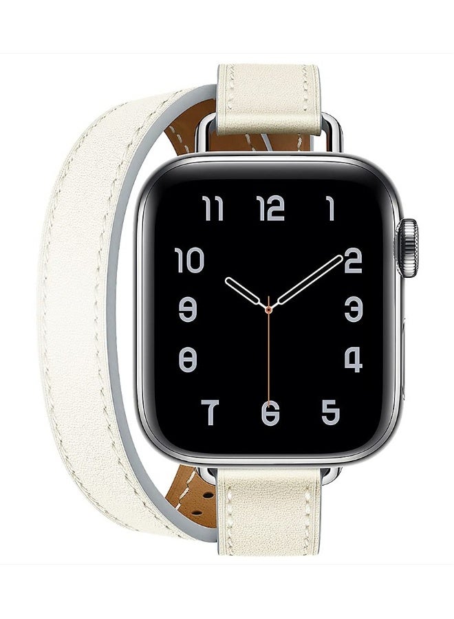 Leather Women Double Tour Slim Wristband, Compatible with Apple Watch Band 38/40/41mm 42/44/45mm for iWatch SE Series 7/6/5/4/3, White - Image 1