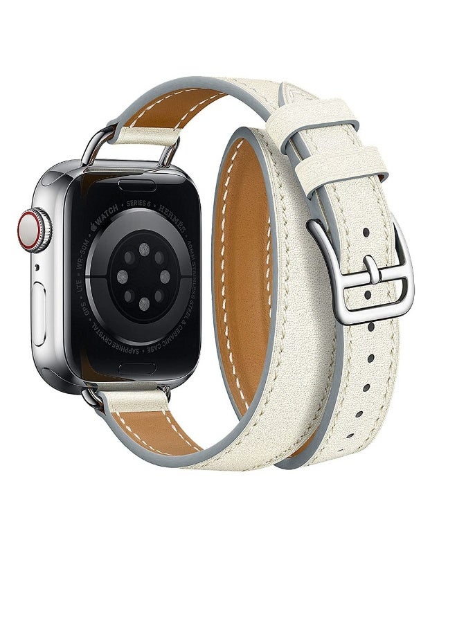 Leather Women Double Tour Slim Wristband, Compatible with Apple Watch Band 38/40/41mm 42/44/45mm for iWatch SE Series 7/6/5/4/3, White - Image 3