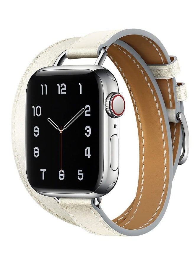Leather Women Double Tour Slim Wristband, Compatible with Apple Watch Band 38/40/41mm 42/44/45mm for iWatch SE Series 7/6/5/4/3, White - Image 2