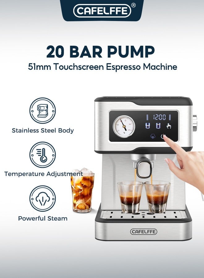 CAFELFFE Espresso Coffee Machine With Milk Frother And Steamer 20Bar Pump Pressure Espresso Machine LCD Touch Screen Espresso Maker For Home Barista Or Office Latte Cappuccino Machine 1.5L
