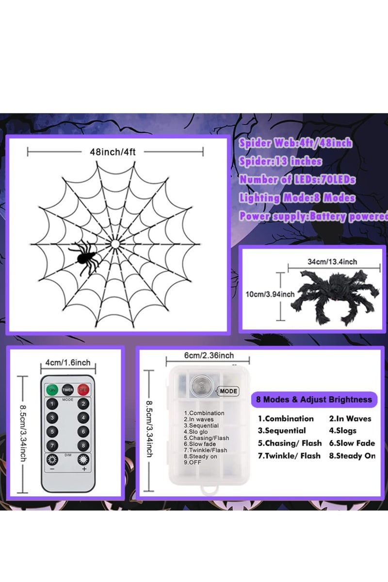 Chielor Halloween Decorations Spider Web Lights - 4FT Diameter 70 LEDs with Black Spider, Waterproof Net Lights, Remote Control, 8 Modes Cobweb Halloween Decorations for Garden Yard Home - Image 4