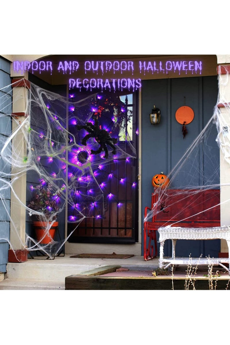 Chielor Halloween Decorations Spider Web Lights - 4FT Diameter 70 LEDs with Black Spider, Waterproof Net Lights, Remote Control, 8 Modes Cobweb Halloween Decorations for Garden Yard Home - Image 3