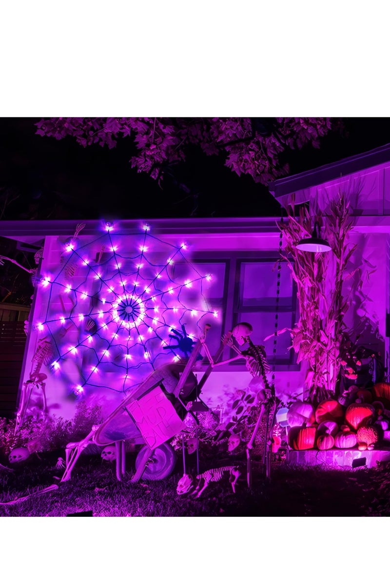 Chielor Halloween Decorations Spider Web Lights - 4FT Diameter 70 LEDs with Black Spider, Waterproof Net Lights, Remote Control, 8 Modes Cobweb Halloween Decorations for Garden Yard Home - Image 2