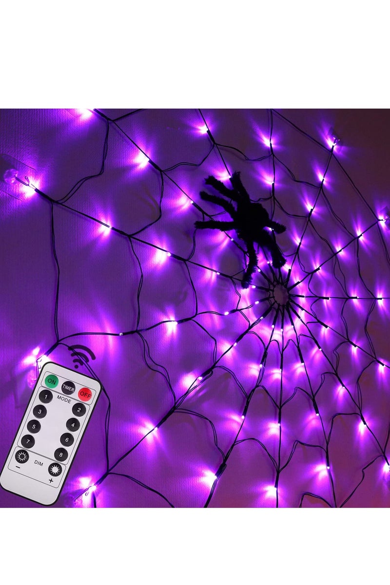 Chielor Halloween Decorations Spider Web Lights - 4FT Diameter 70 LEDs with Black Spider, Waterproof Net Lights, Remote Control, 8 Modes Cobweb Halloween Decorations for Garden Yard Home - Image 1