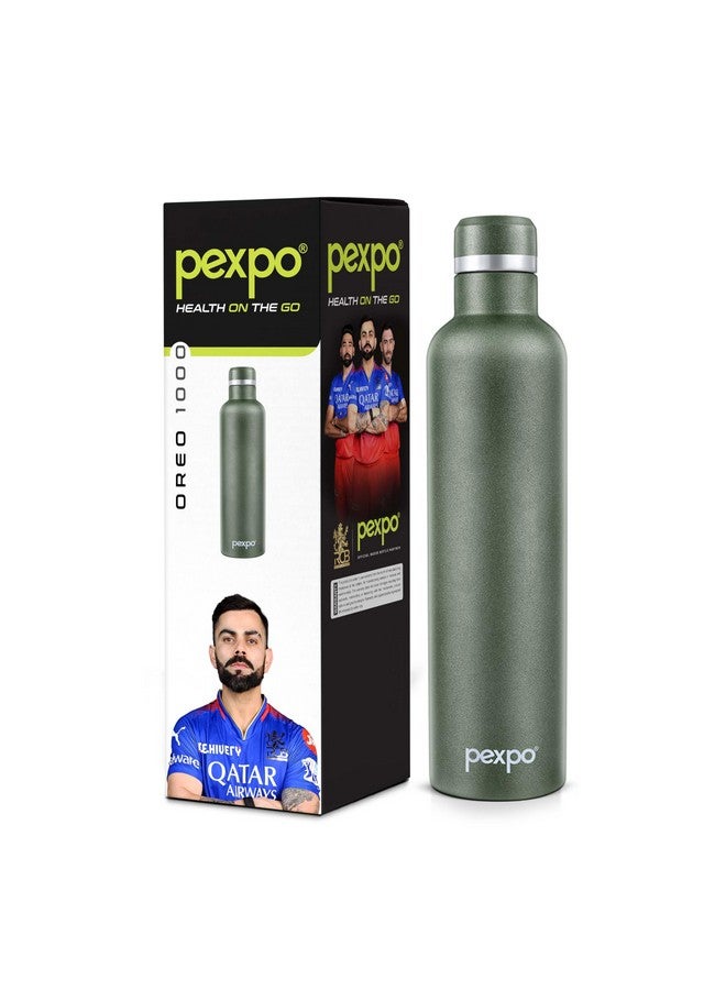 PEXPO Orio Pro 1000 Stainless Steel Hot and Cold Vacuum Insulated ISI Certified Flask, 980ml, Military Green | Slim Water Bottle | Double Wall | for Office, School, Home, Hiking, Gym | RCB Edition - Image 1