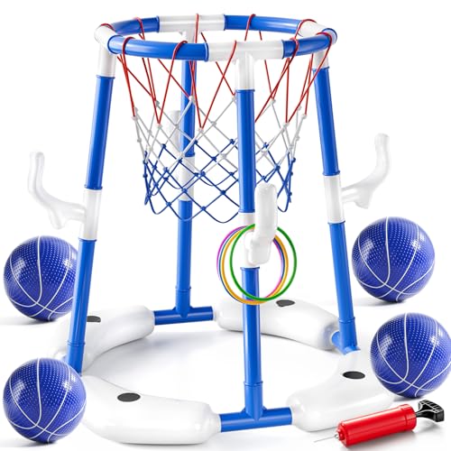 JUKUDAHU Swimming Pool Basketball Hoop Toy for Kids 2 3 4 5 6 Years Old Floating Pool Basketball Game Toys with 4 Balls AirPump Outdoor Play Poolside Summer Water for Boys Girls Age 4812Blue - Image 1