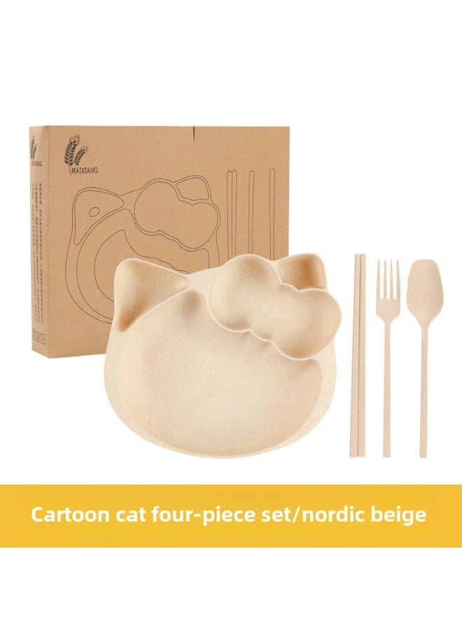 NIBEMINENT Childrens wheat straw tableware suit baby compartment food supplement plate cartoon bowl chopsticks children gift printed logoCartoon Cat four-piece set/Nordic beige Cartoon Cat four-piece set/Nordic beige 