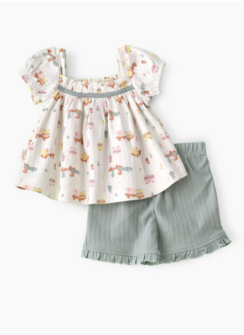 Elegant Kids - Girls' Camping Print Top & Ribbed Knit Shorts Set - Image 1