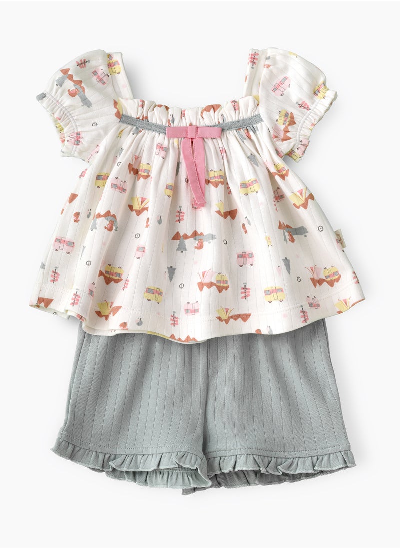 Elegant Kids - Girls' Camping Print Top & Ribbed Knit Shorts Set - Image 1