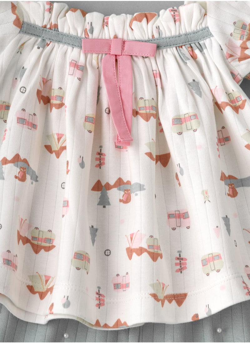 Elegant Kids - Girls' Camping Print Top & Ribbed Knit Shorts Set - Image 1