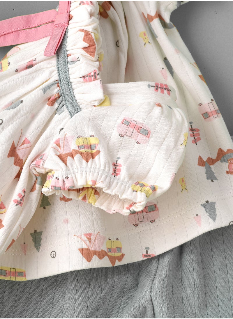 Elegant Kids - Girls' Camping Print Top & Ribbed Knit Shorts Set - Image 1