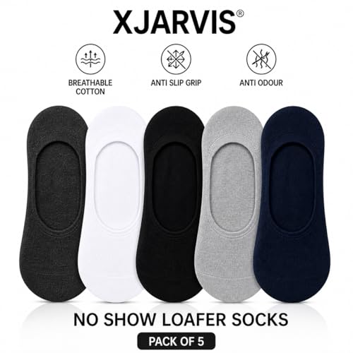 XJARVIS Men No Show Loafer Socks (Pack of 5) | Invisible Low Cut Cotton Socks with Anti Slip Heel Grip | Breathable, Sweat Absorbent & Anti Odour Summer Socks for Sneakers & Shoes, Skin - Image 2