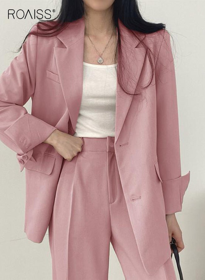 roaiss Women's Contemporary Blazer Set Street Style Two Piece Suit Oversized Blazer Jacket and Matching Trouser for Spring Autumn Casual Wear Versatile Pink - Image 2