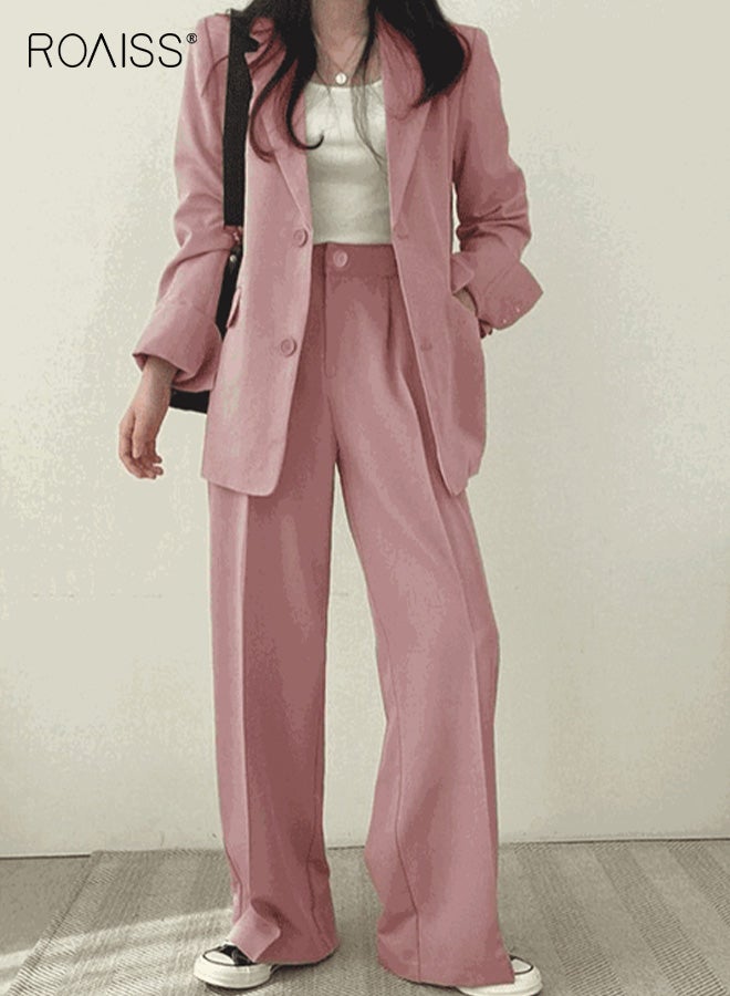 roaiss Women's Contemporary Blazer Set Street Style Two Piece Suit Oversized Blazer Jacket and Matching Trouser for Spring Autumn Casual Wear Versatile Pink - Image 3
