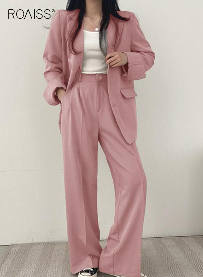 roaiss Women's Contemporary Blazer Set Street Style Two Piece Suit Oversized Blazer Jacket and Matching Trouser for Spring Autumn Casual Wear Versatile Pink - Image 1