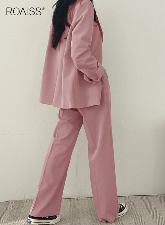 roaiss Women's Contemporary Blazer Set Street Style Two Piece Suit Oversized Blazer Jacket and Matching Trouser for Spring Autumn Casual Wear Versatile Pink - Image 5