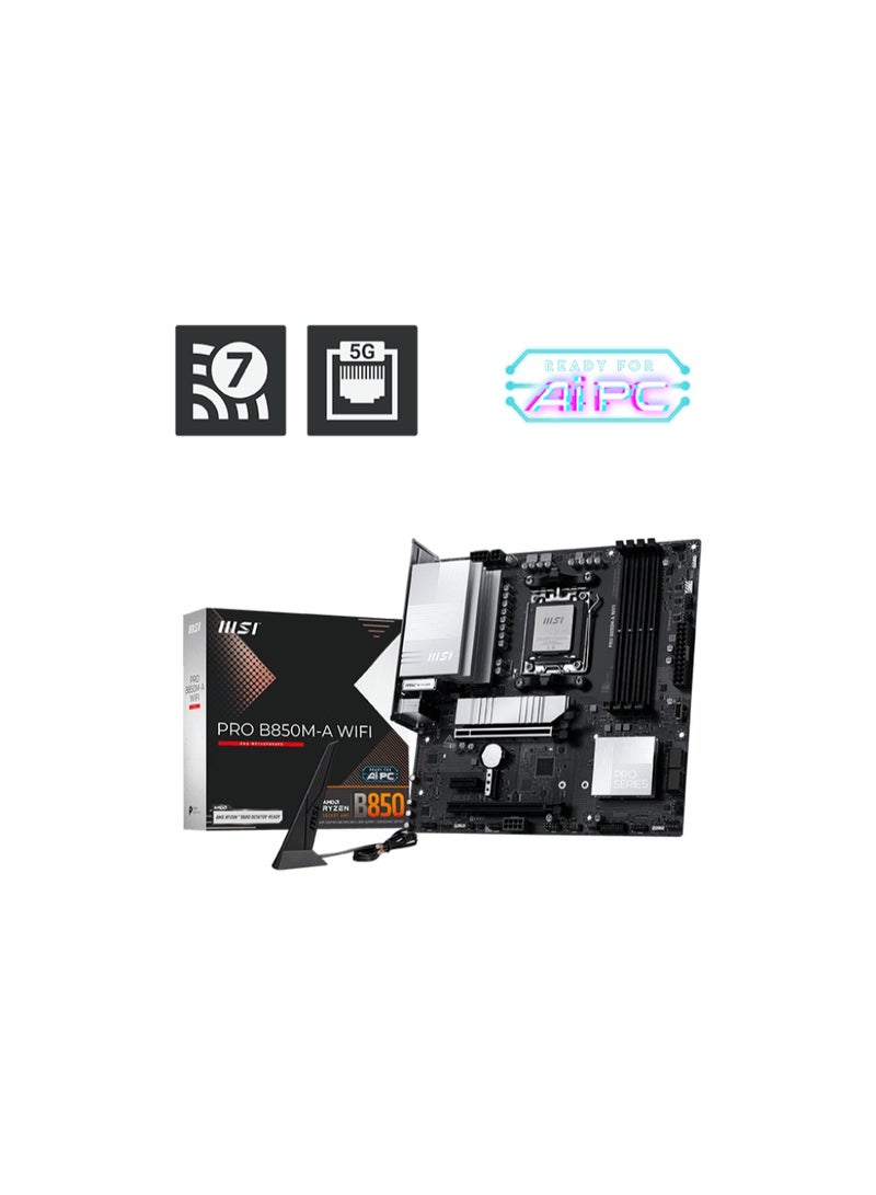 إم اس أي لوحة أم PRO B850M-A WiFi mATX، مقبس AM5، B850، 4x DDR5 UDIMM حتى 256GB، PCIe 5.0 x16، مزدوج M.2 Gen5/Gen4، Wi-Fi 7 + BT 5.4، 5G LAN، HDMI 2.1، DisplayPort 1.4 | 911-7E66-002 - Image 1