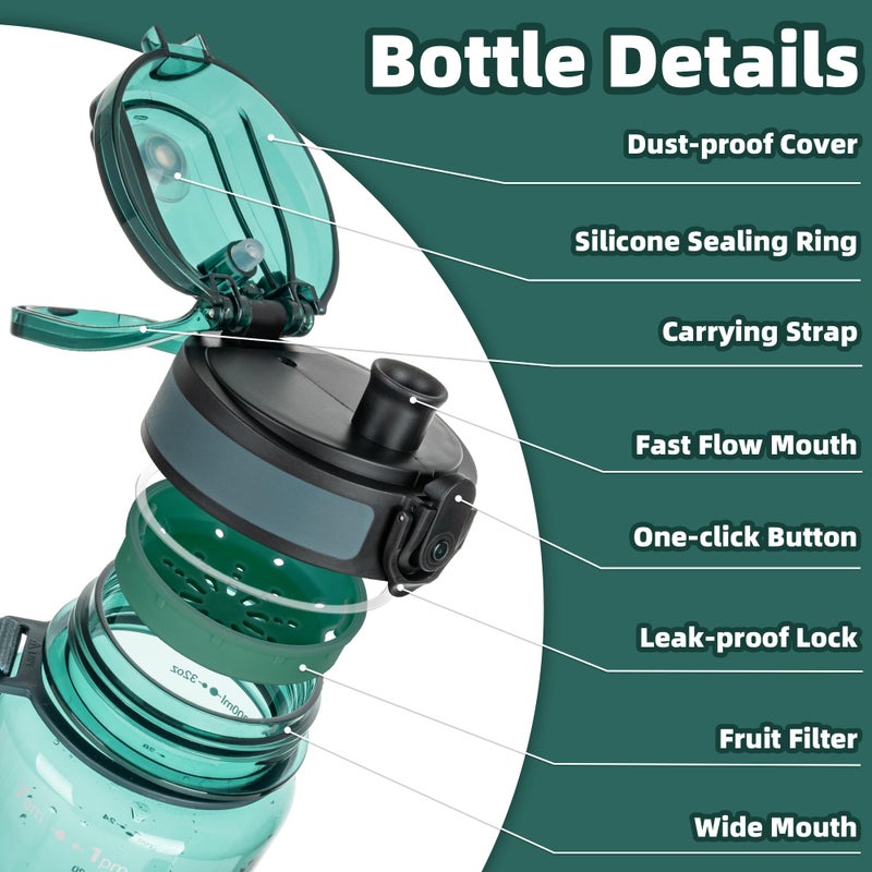 OLDLEY 32 oz Water Bottle, Motivational Water Bottle with Time Marker, Sports Water Bottle With Strap, Leakproof & BPA Free Large Water Bottles for School, Gym, Travel, Tritan, Transparent Dark Green - Image 2