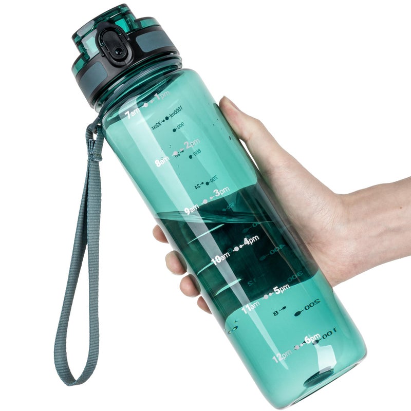 OLDLEY 32 oz Water Bottle, Motivational Water Bottle with Time Marker, Sports Water Bottle With Strap, Leakproof & BPA Free Large Water Bottles for School, Gym, Travel, Tritan, Transparent Dark Green - Image 1