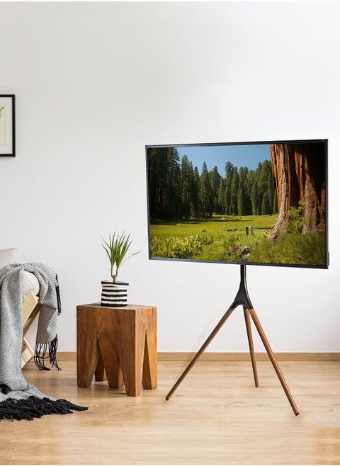 Artistic Easel 32 to 70 inch LED LCD Screen Studio TV Floor Display Stand  Adjustable TV Mount with Swivel and Tripod Base Black Bracket  Dark Walnut Legs