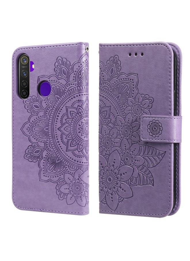 HuHa Case Cover For Realme 5 / Realme 5s / Realme C3 7-petal Flowers Embossing Pattern Horizontal Flip PU Leather Case with Holder & Card Slots & Wallet & Photo Frame Light Purple 
