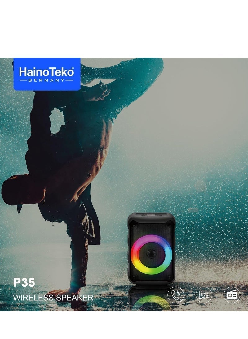 HainoTeko P35 Portable Wireless Bluetooth Speaker with 1 Microphone for Indoor  Outdoor Use – 360° Sound, Deep Bass, Long Battery Life, Compact Design, Bluetooth 5.0 – Black - Image 2