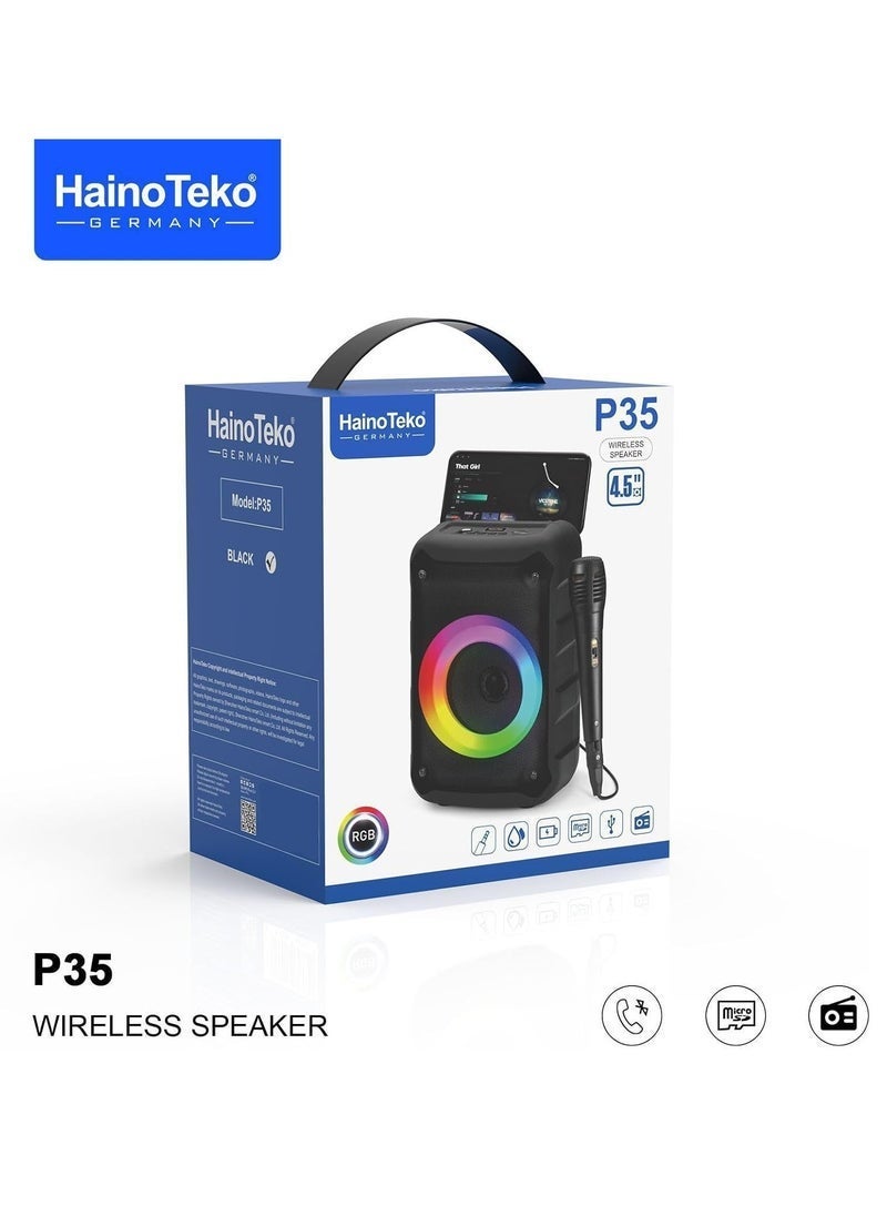 HainoTeko P35 Portable Wireless Bluetooth Speaker with 1 Microphone for Indoor  Outdoor Use – 360° Sound, Deep Bass, Long Battery Life, Compact Design, Bluetooth 5.0 – Black - Image 3