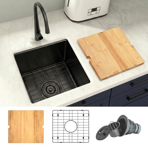 Lonsince Black Bar Sink Undermount,Small Bar & Prep Sinks,16 gauge Stainless Steel Bar Sink with Workstation for Wet Bar Area (17" X 19") - Image 1