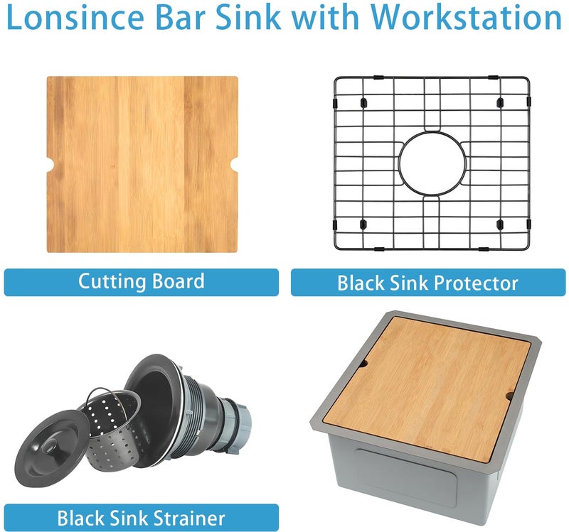 Lonsince Black Bar Sink Undermount,Small Bar & Prep Sinks,16 gauge Stainless Steel Bar Sink with Workstation for Wet Bar Area (17" X 19") - Image 5