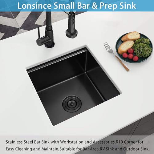 Lonsince Black Bar Sink Undermount,Small Bar & Prep Sinks,16 gauge Stainless Steel Bar Sink with Workstation for Wet Bar Area (17" X 19") - Image 3