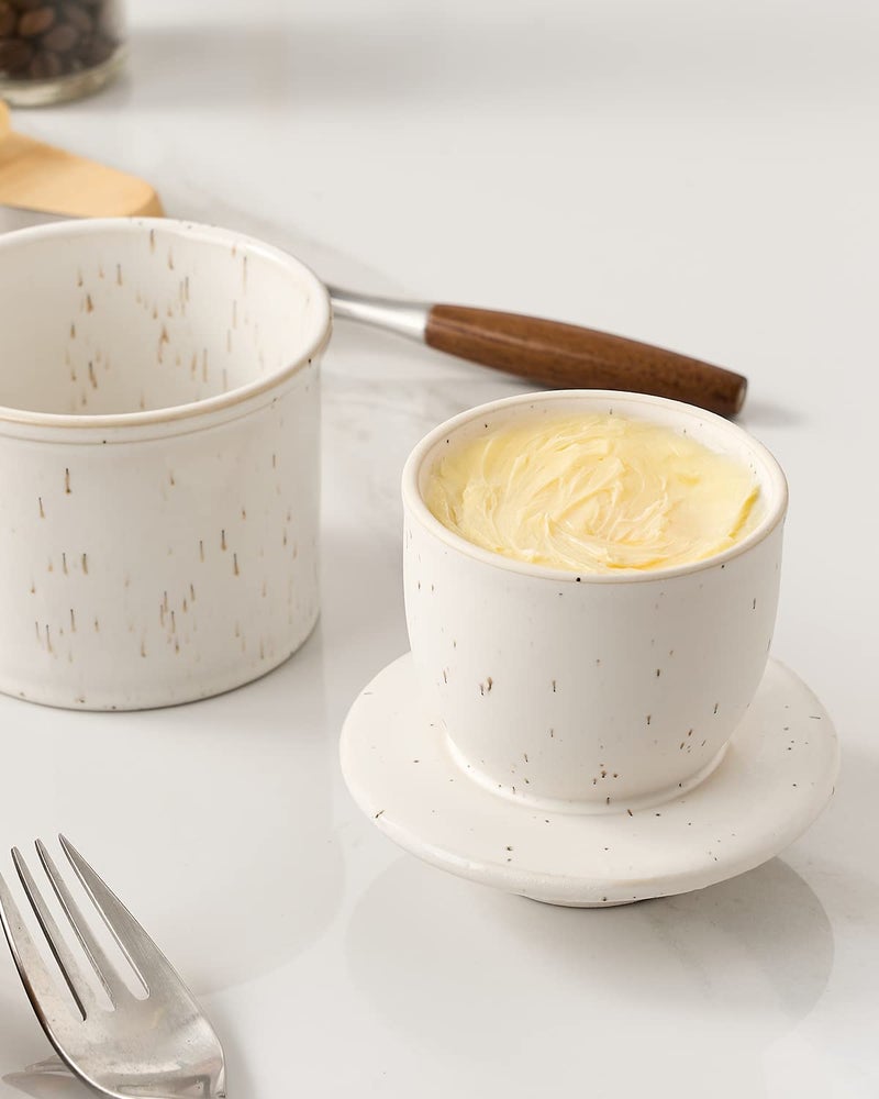 XELA Ceramic Butter Crock, The Original Reactive Glaze Speckled White, Butter Dish with Water Line for Spreadable Fresh Butter & Gift for Women - Speckled White - Image 4