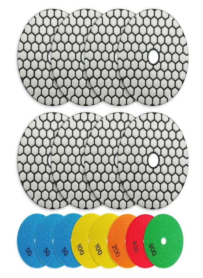 BRSCHNITT Dry Diamond Polishing Pads Set 4 Inch Grit 50x3/100x2/200/400/800 - Dry Polish Pad Kit 8pcs for Granite Marble Concrete Quartz Marble Floor Polishing - Image 1