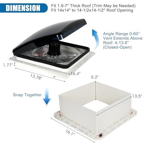 OUTPRIZE RV Roof Vent Fan with LED Light, 12V DC 14" Super Quiet Reliable Manual RV Roof Fan, 3-Speed, Reversible - Image 2