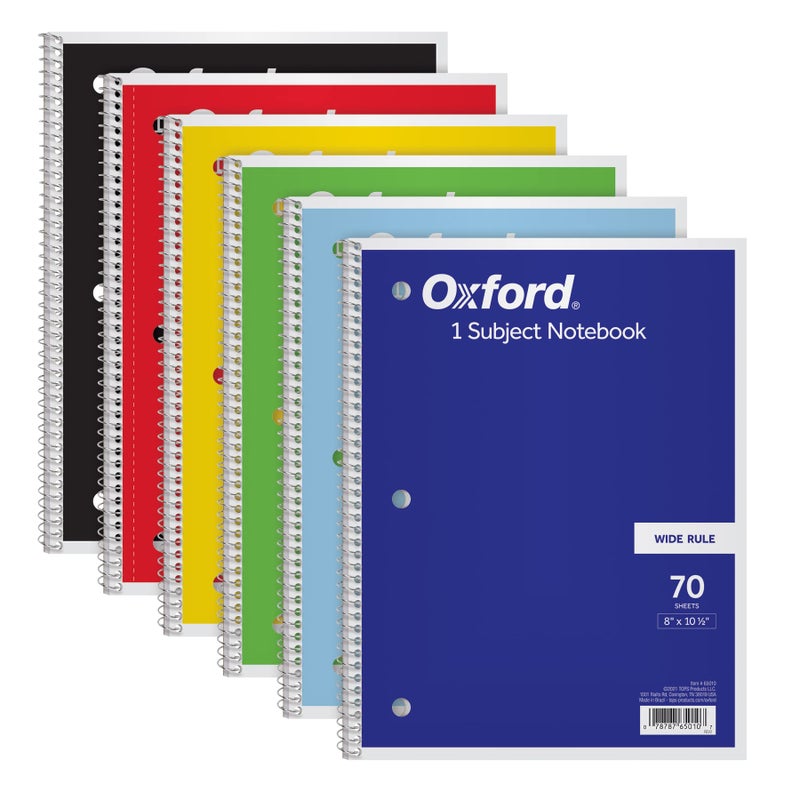 Oxford Spiral Notebook 6 Pack, Bulk Wide Ruled Spiral Notebooks for School, 1 Subject Journal, Wide Ruled Paper, 8 x 10-1/2 Inch, Blue, Yellow, Red, Light Blue, Green and Black, 70 Sheets (65010) - Image 1