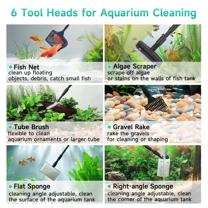 hygger 6-in-1 Aquarium Cleaning Tools, Multipurpose Fish Tank Cleaning Kit for 20-160 Gallon Tank with Telescopic Long Handle,6 Clean Heads - Image 2