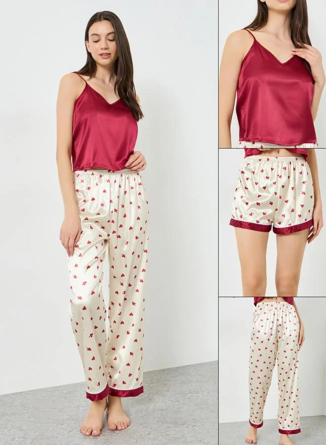 Take Two Pack of 3 - Satin Top, Heart Print Shorts and Pyjama Set