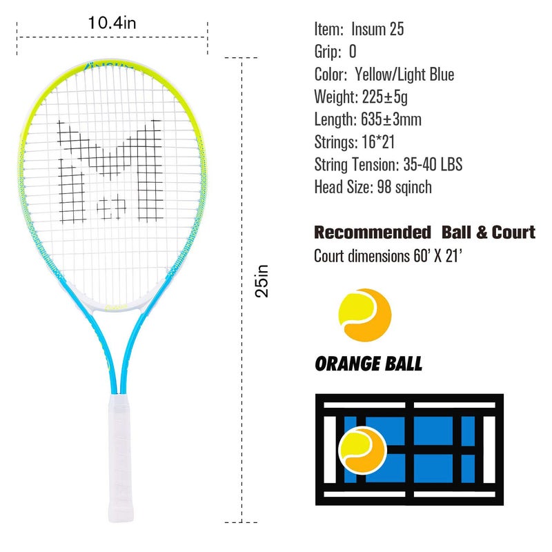 insum 25'' Junior Tennis Racket for Kids Aged 8-10 Y with Strap Bag Tennis Racquet (25inch-Yellow-Blue) - Image 3