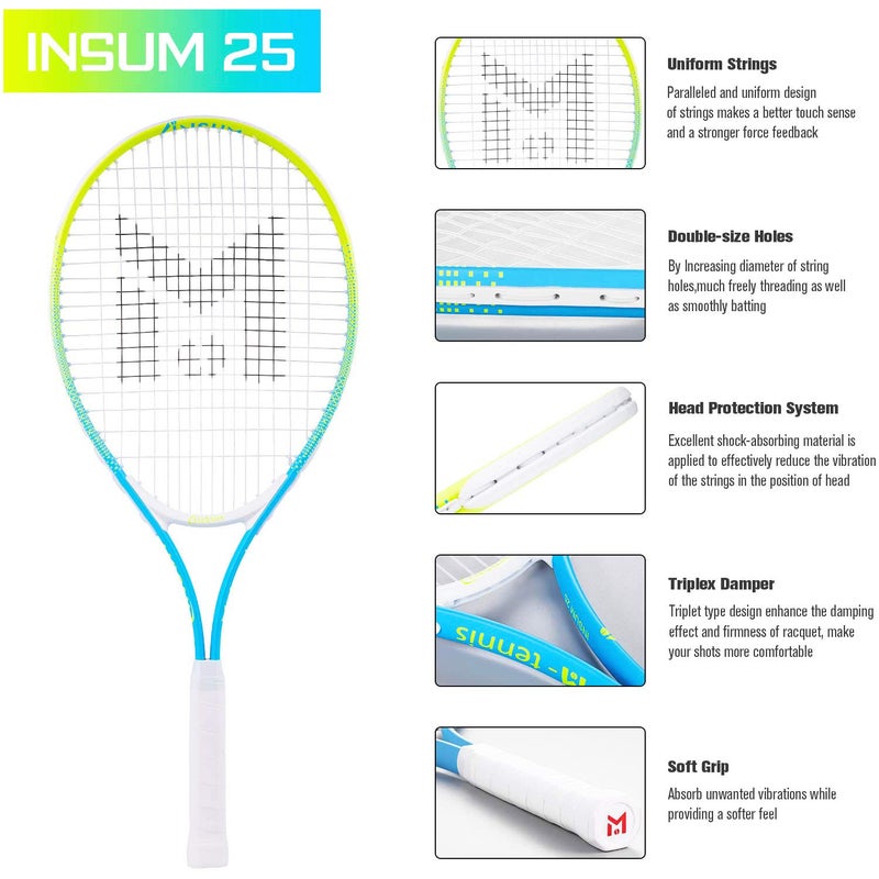 insum 25'' Junior Tennis Racket for Kids Aged 8-10 Y with Strap Bag Tennis Racquet (25inch-Yellow-Blue) - Image 5