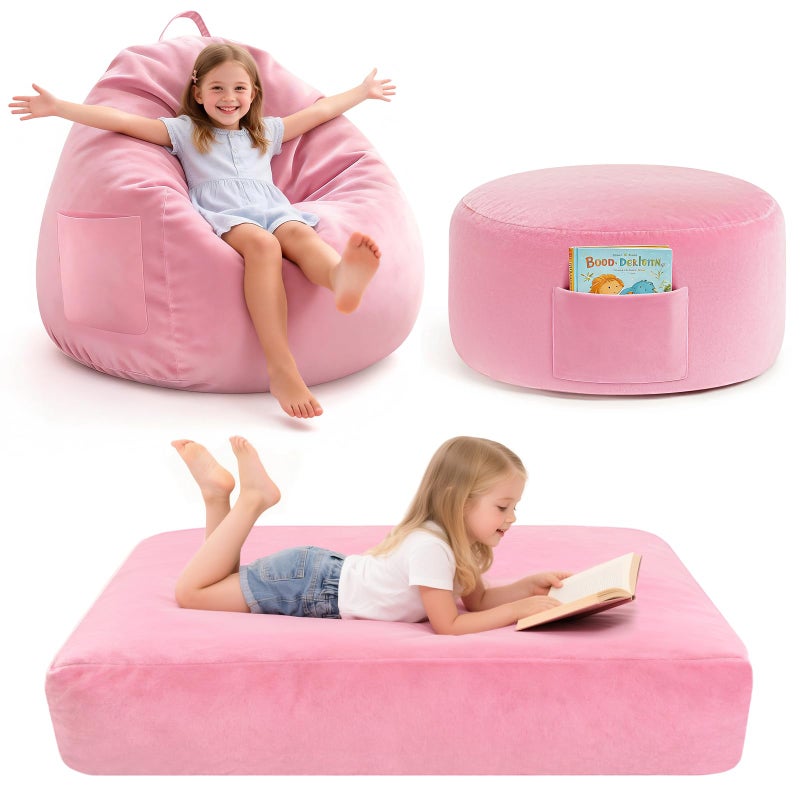 laapee Bean Bag Chair Bed for Kids, Convertible Beanbag Chair to Bean Bag Bed with Top Handle & Machine Washable Soft Corduroy Fabric, Stuffed Floor Sofa Couch Sofa Bed for Boys and Girls, Pink - Image 1