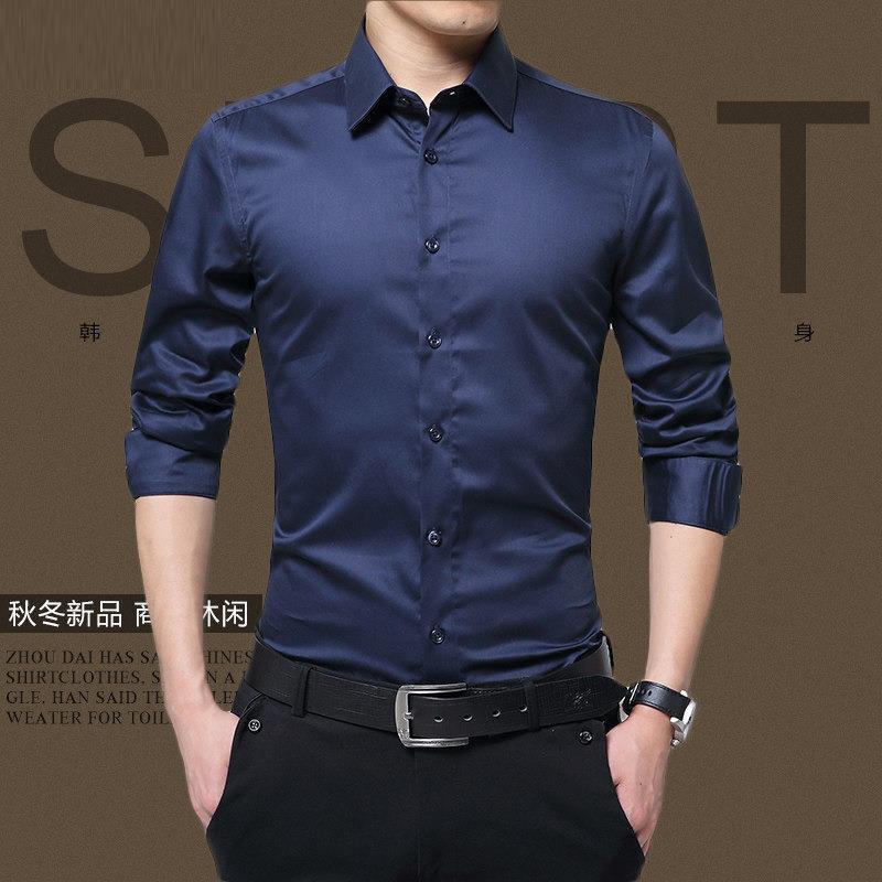 New Autumn Mens Long-Sleeve Dress Shirt Dark blue 